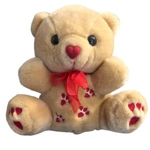♥️TEDDY BEAR PLUSH STUFFED TAN with RED PAW PRINTS VALENTINES DAY 8”♥️